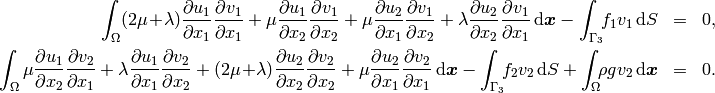 \begin{eqnarray*} \int_\Omega (2\mu\!+\!\lambda)\dd{u_1}{x_1}\dd{v_1}{x_1} + \mu\dd{u_1}{x_2}\dd{v_1}{x_2} + \mu\dd{u_2}{x_1}\dd{v_1}{x_2} + \lambda\dd{u_2}{x_2}\dd{v_1}{x_1} \,\mbox{d}\bfx - \int_{\Gamma_3} \!\!f_1 v_1 \,\mbox{d}S &=& 0, \\ \smallskip \int_\Omega \mu\dd{u_1}{x_2}\dd{v_2}{x_1} + \lambda\dd{u_1}{x_1}\dd{v_2}{x_2} + (2\mu\!+\!\lambda)\dd{u_2}{x_2}\dd{v_2}{x_2} + \mu\dd{u_2}{x_1}\dd{v_2}{x_1} \,\mbox{d}\bfx - \int_{\Gamma_3} \!\!f_2 v_2 \,\mbox{d}S + \int_{\Omega} \!\!\rho g v_2 \,\mbox{d}\bfx &=& 0. \end{eqnarray*}