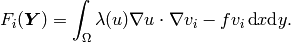 F_i(\bfY) =  \int_{\Omega} \lambda(u)\nabla u \cdot \nabla v_i
- f v_i \, \mbox{d}x\mbox{d}y.