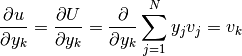 \frac{\partial u}{\partial y_k} = \frac{\partial U}{\partial y_k} = \frac{\partial}{\partial y_k}\sum_{j=1}^N y_j v_j = v_k